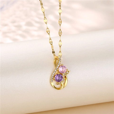 Hohle Geometrische Anhänger Halskette Mit Lila Rosa Zirkon Edelstahl Kette Messing Schmuck Für Frauen