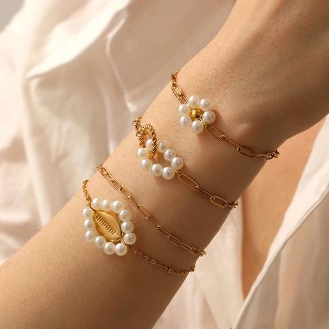 Pulsera De Acero Inoxidable Chapado En Oro Con Perlas Artificiales De Imitacion Concha Flor Amuleto Geometrico Joyeria De Moda Mujer