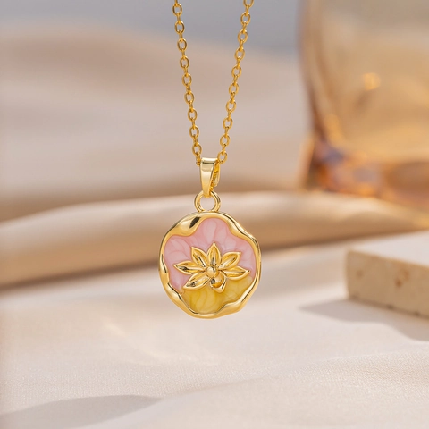 Collier Pendentif Fleur De Lotus Acier Titane Émail Style Peinture À L'huile Vintage Français Bijoux Pour Femmes