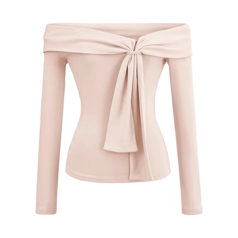 Women Off Shoulder Long Sleeve Top Viscose Elastane Ribbed Knot Front Bow Elegant Slim Fit Casual Chic Solid Color Tee