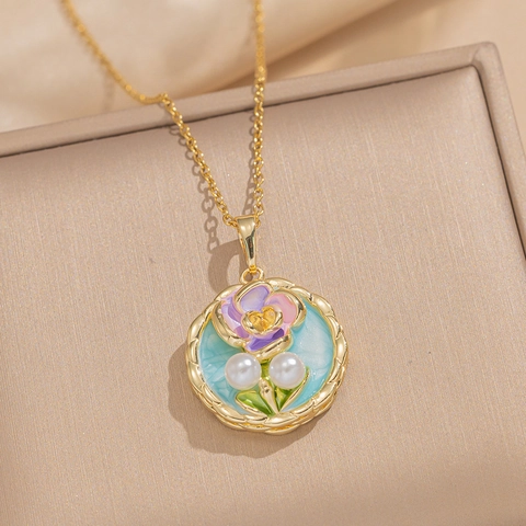 Franse Vintage Titanium Stalen Emaille Bloemen Hanger Ketting Met Imitatie Kunstparels Barok Stijl Luxe Voor Vrouwen