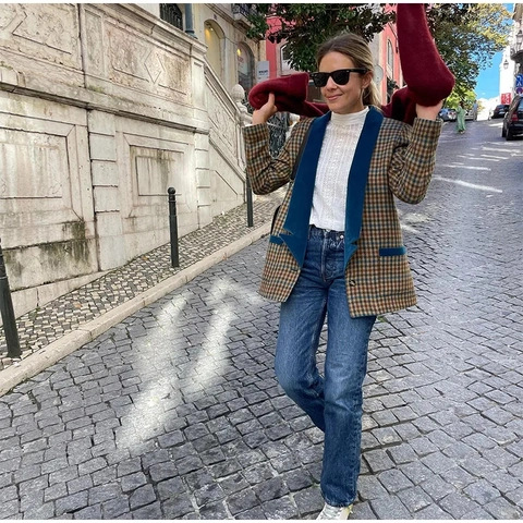 Damen Blazer Mit Karomuster Vintage Britischer Stil Samt Patchwork Revers Einreihige Jacke Oberbekleidung