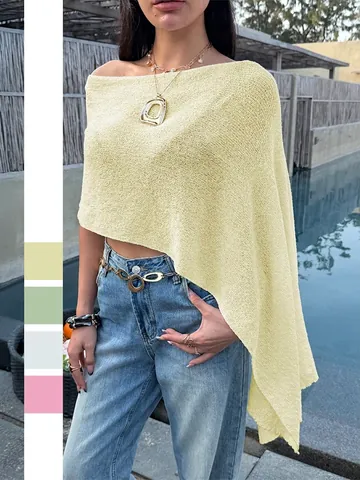 Damen Asymmetrisch One Shoulder Strickschal Poncho Transparent Durchsichtig Strand Cover Up Sommer Häkeloberteil