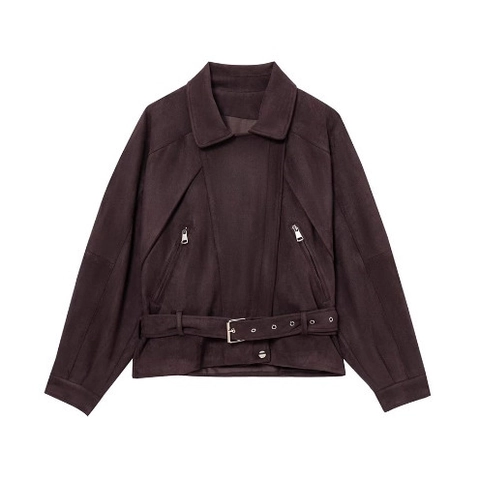 Chaqueta Biker De Ante Para Mujer Abrigo Moto Corto Con Cinturón Cremallera Solapa Estilo Vintage Retro Color Sólido