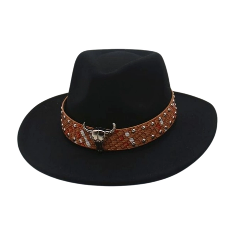 Western Cowboy Fedora Hat Wool Felt Wide Brim Metal Bull Head Rivet Band Retro Ethnic Style Unisex