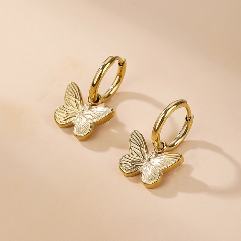 Hoop Oorbellen Met Vlinderhanger 18K Verguld Roestvrij Staal Getextureerde Vleugels Hoogglans Gepolijste Sieraden Dames
