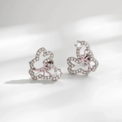 Vlinder Konijn Kraakbeen Oorbel Koper Zirkoon Roze Emaille Sierlijk Strikje Schroefsluiting Knopje Voor Vrouwen Sieraden