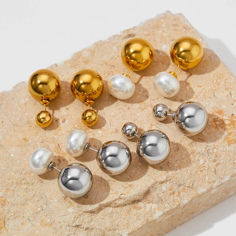 Orecchini A Doppia Sfera In Acciaio Inossidabile E Finta Perla Artificial Per Donna Minimalista Lucido Gioielli Chic