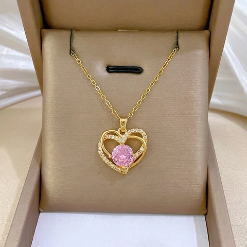 Heart Pendant Necklace Stainless Steel Copper Pink Zircon Full Rhinestone Layered Chic Clavicle Chain For Women Sweet