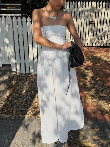 Smocked Tube Maxi Dress 100% Cotton Strapless High Waist A-Line Summer Beach Vacation Solid White For Women