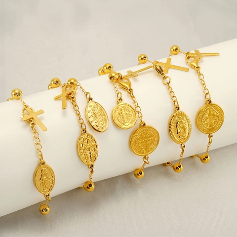 Religieuze Kralenarmband Van 18K Verguld Roestvrij Staal Met Kruis En Sint Benedictus Medaille Voor Heren En Dames