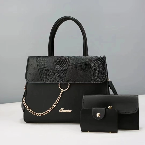 Τσάντα Χειρός Tote Από Δέρμα PU Με Patchwork Και Πορτοφόλι Και Θήκη Καρτών Με Διακόσμηση Αλυσίδας Μεγάλης Χωρητικότητας Κομψές Γυναικείες Τσάντες