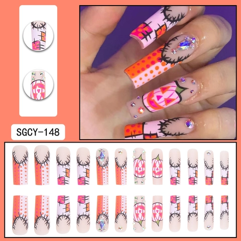 Uñas Postizas Halloween Pedrería Calabaza Grafiti Diseño Francés Forma Ataúd Larga Estilo Fiesta Festiva Mujeres