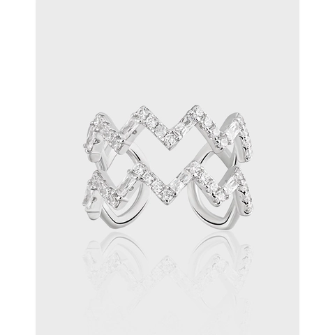 Bague Ouverte Creuse en Vague Argent Sterling S925 pour Femme Bague Réglable Incrustée de Strass Élégante Bijoux