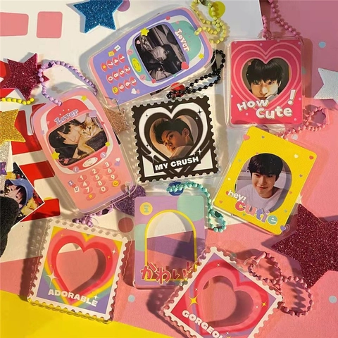 Portachiavi Cornice Foto Acrilico Supporto Carte Foto DIY Telefono Retrò Cuore Francobollo Pendente Borsa Protezione Carta Stella Catena Sfere