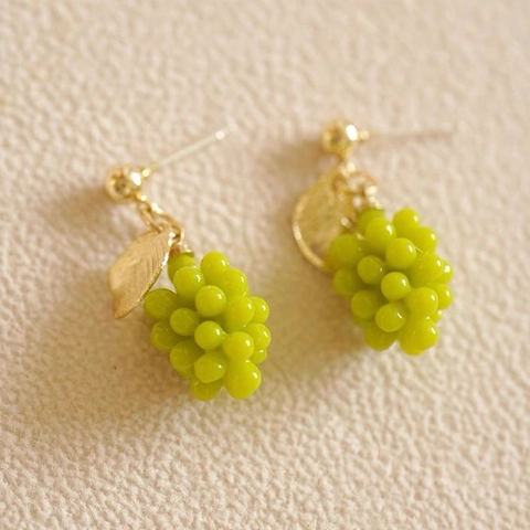 Druif Knopoorbellen Hars Kralen Fruit Drop Sieraden Met Goud Legering Blad Voor Vrouwen Zoet Elegant Fris Stijl