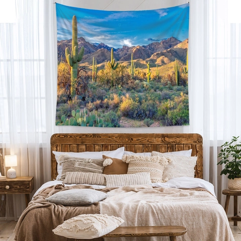Desert Landscape Tapestry Polyester Wall Hanging Saguaro Cactus Nature Scenery Bohemian Aesthetic Room Decor Art Blanket