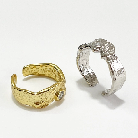 925 Sterling Silver Ring With Zircon Irregular Lava Texture Hammered Adjustable Open Design Women Minimalist Jewelry
