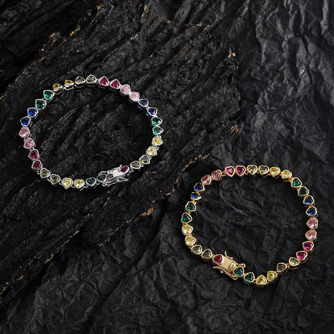 Pulsera Tennis de Corazón con Circonitas de Colores Cobre Bañado en Oro Plata Joyería de Cadena de Corazón Arcoíris Hip Hop