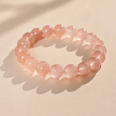 Strawberry Quartz Beaded Bracelet Natural Pink Stone Elastic Round Beads Handmade Jewelry Gift For Women Girls