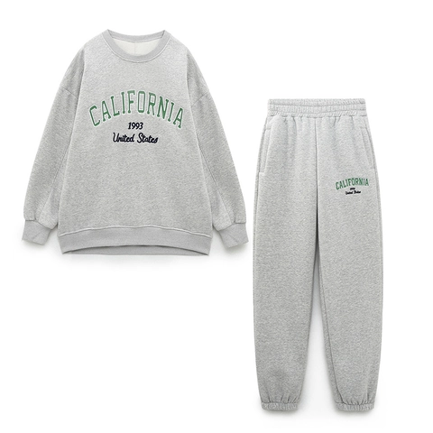 Felpa E Pantaloni Sportivi Donna Casual Maglia Misto Cotone California Stampa Lettere Maniche Lunghe Girocollo Sportivo