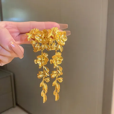 Matte Gold Flower Leaf Long Tassel Statement Earrings With 925 Sterling Silver Earring Post Vintage Jewelry For Women