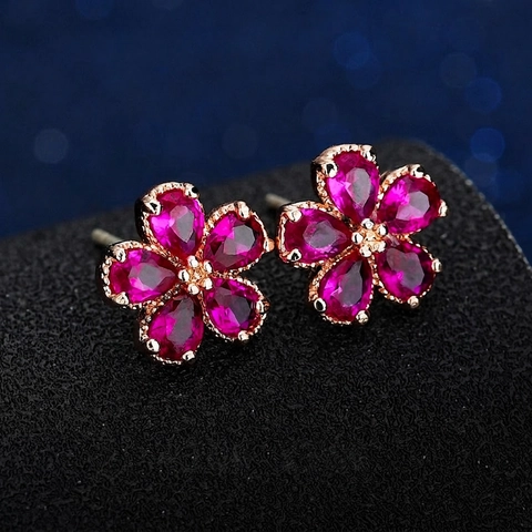 Bloem Oorknopjes Koper Synthetische Robijn Zirconia Ingelegd Met 925 Sterling Zilver Stift Voor Dames Mode Sieraden Cadeau