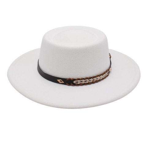 Chapeau Boater Calotte Plate Large Bord Rétro Feutre Style Fedora Ethnique Avec Ruban En Cuir Tressé Et Rivet Métal