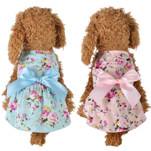Pet Floral Dress Cotton Princess Style Large Satin Bow Summer Apparel For Small Dogs Cats
