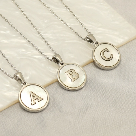 Initial Letter Necklace Stainless Steel Mother Of Artificial Pearl Round Pendant Minimalist Alphabet Jewelry For Women
