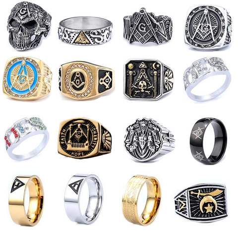 Stainless Steel Ring Vintage Punk Gothic Masonic Symbol Skull Shield Signet Band Jewelry For Men And Women