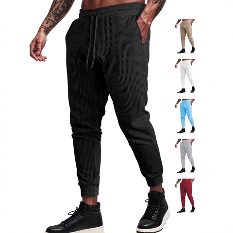 Men Waffle Knit Jogger Pants Breathable Solid Color Loose Fit Drawstring Casual Sweatpants Sportswear Fashion Bottoms