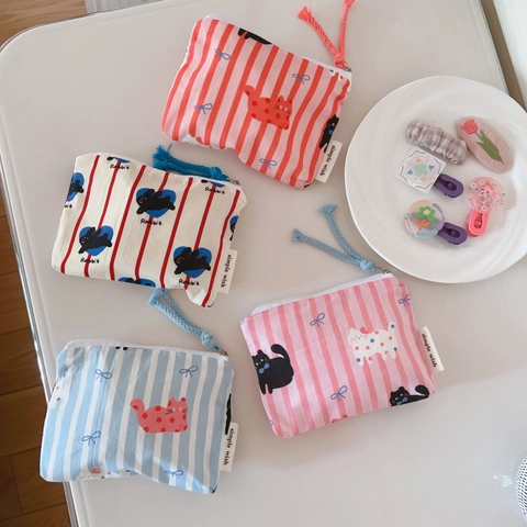Mini Coin Purse Cotton Canvas Striped Cat Rabbit Print Zip Storage Bag For Earphones Lipstick Makeup Pouch