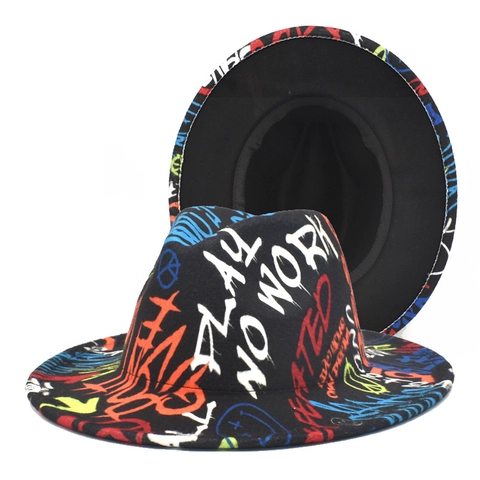 Chapeau Fedora En Feutre De Laine À Bord Large Imprimé Numérique Graffiti Tie Dye Pour Hommes Femmes