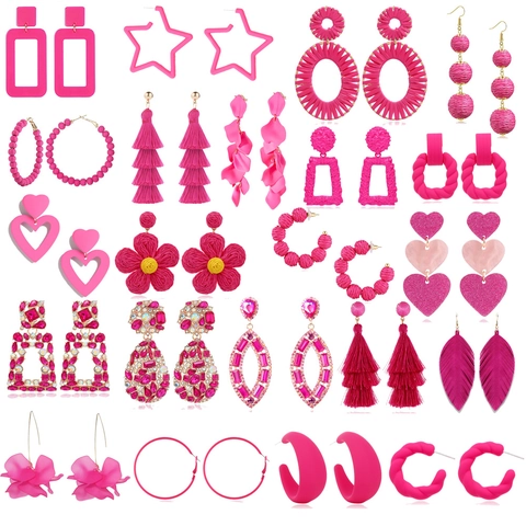 Roze Oorbellen Voor Vrouwen Rose Rood Geometrisch Hart Bloem Kwastje Raffia Acryl Legering Strass Bohemien Retro Zomer Vakantie