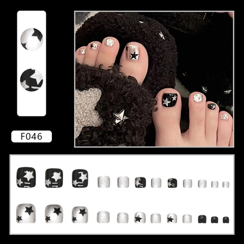 Unghie Finte Per Piedi A Pressione Motivo Stella Glitter Nero Argento Quadrate Piatte Per Donna Stile Ins Cool Glamour