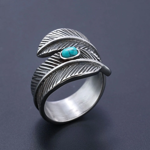 Vintage Feather Ring Stainless Steel With Turquoise Retro Adjustable Open Band Bohemian Ethnic Style Jewelry