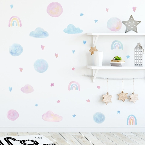 Stickers Muraux Arc-En-Ciel Nuages Étoiles Cœur Aquarelle PVC Chambre D'enfant Décoration Faite À Main