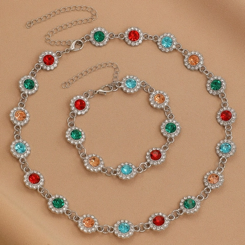 Luxus Legierung Bunte Kristall Halskette Und Armband Set Vintage Runde Blume Strass Schmuck Für Damen Hochzeit Party Schmuck