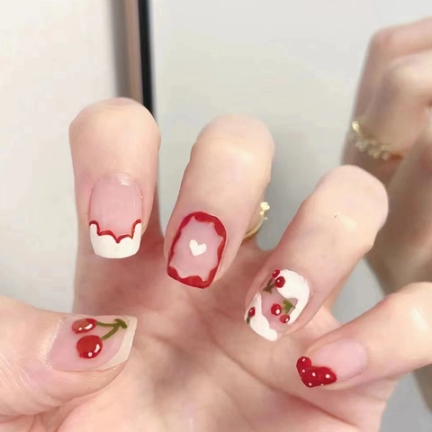 Cherry Press On Nails Sweet Heart Polka Dot Design Square Oval Artificial Fake Nails For Women French Style
