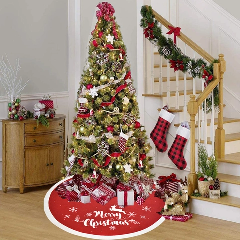 Christmas Tree Skirt Knitted Acrylic Reindeer Snowflake Embroidery Holiday Party Decor Red White Plush Trim