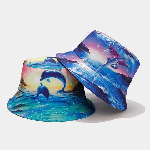 Wendbarer Fischerhut Baumwolle Polyester Delfin Fliegender Fisch Druck Sonnenschutz Sommer Strandhut Für Damen Herren