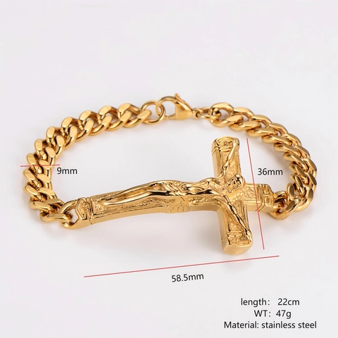 Jezus Crucifix Kruis Armband Voor Mannen 304 Roestvrij Staal 18K Verguld Cuban Link Ketting Hip Hop Religieuze Sieraden