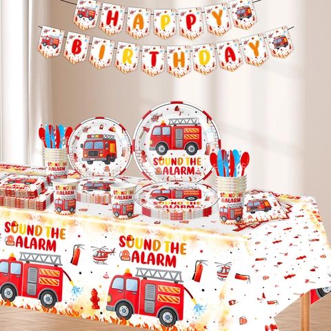 Vajilla para Fiesta de Cumpleaños Tema Camión de Bomberos Dibujos Animados Bombero Platos de Papel Vasos Servilletas Pancarta Mantel Decoración