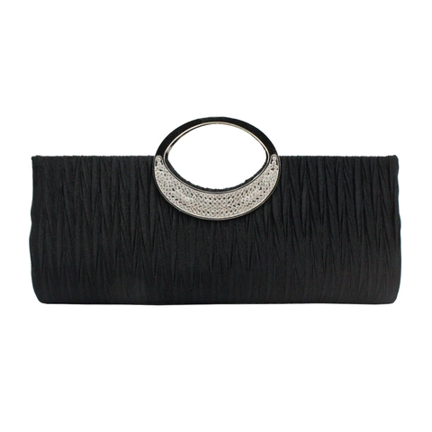 Evening Clutch Bag Pleated Satin Rhinestone Metallic Ring Handle Wedding Party Handbag For Women With Detachable Chain