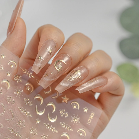 Autocollants À Ongles Métalliques Auto-Adhésifs Étoile Lune Ange Fée Or Champagne Argent Décoration De Manucure Pour Femmes