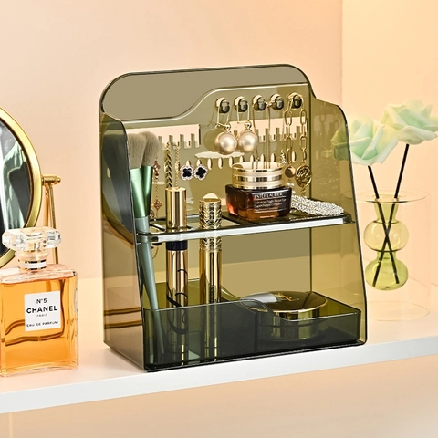 Transparent PET Makeup Organizer Box With Jewelry Hooks Multi-Functional Desktop Vanity Cosmetic Storage Rack Modern Minimalist