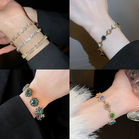 Bracciale In Zircone Vintage Rame Lusso Colorato Verde Smeraldo Cristallo Bangle Regolabile Gioielli Regalo Donna