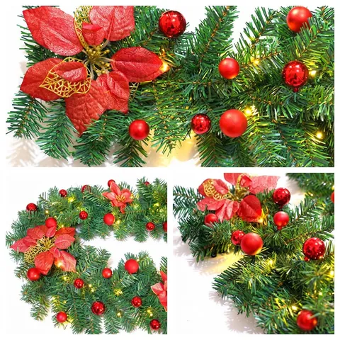 Guirnalda De Navidad Vid Decorativa Con Luces LED Flores De Pascua Y Bolas Para Chimenea Escaleras Fiesta Decoración