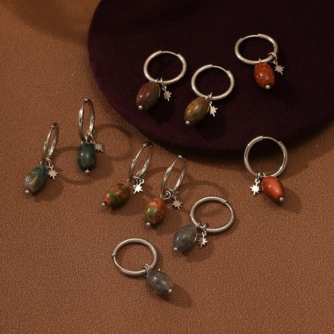 Roestvrij Staal Natuursteen Achtpuntige Ster Hoop Oorbellen Ovaal Hanger Oorbellen Bohemian Sieraden Voor Vrouwen